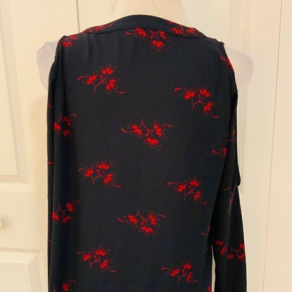 Loft Navy Blue Red Leaf Print Tie Neck Cold Shoulder Long Sleeve Top Medium - Picture 8 of 12